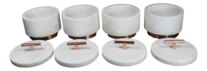 Set Of 4 Marble And Copper Hardware Round Canister Container Storage Jars W/ Lid