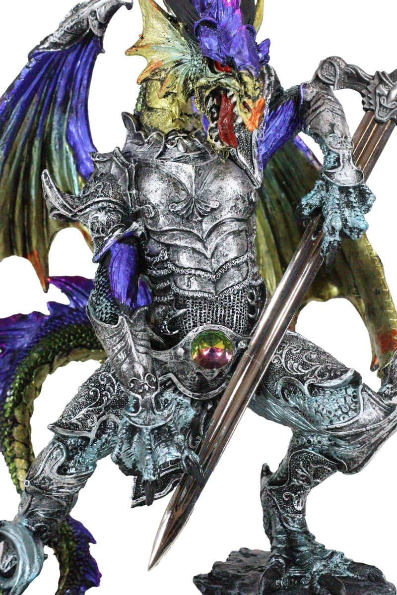 Large Hyperion Rainbow Armored Dragon With Excalibur Sword Letter Opener Decor