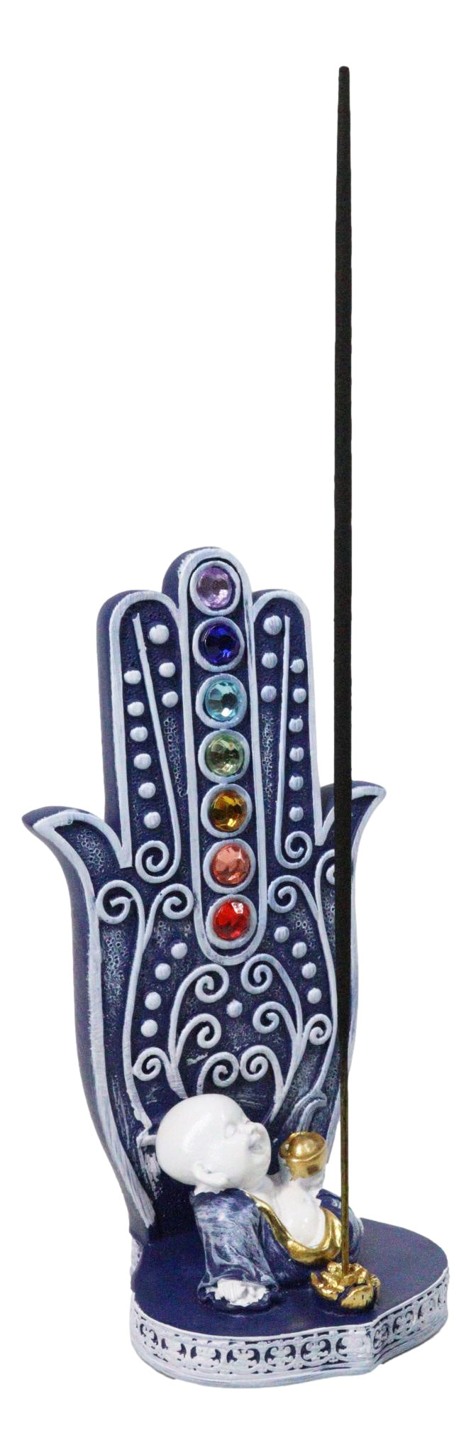 Ebros Blue Buddha Monk Hamsa Hand 7 Chakra Gemstone Incense Burner 6"H