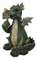 Whimsical Green Garden Dragon With Butterfly With Welcome Plank Sign Figurine