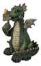 Whimsical Green Garden Dragon With Butterfly With Welcome Plank Sign Figurine