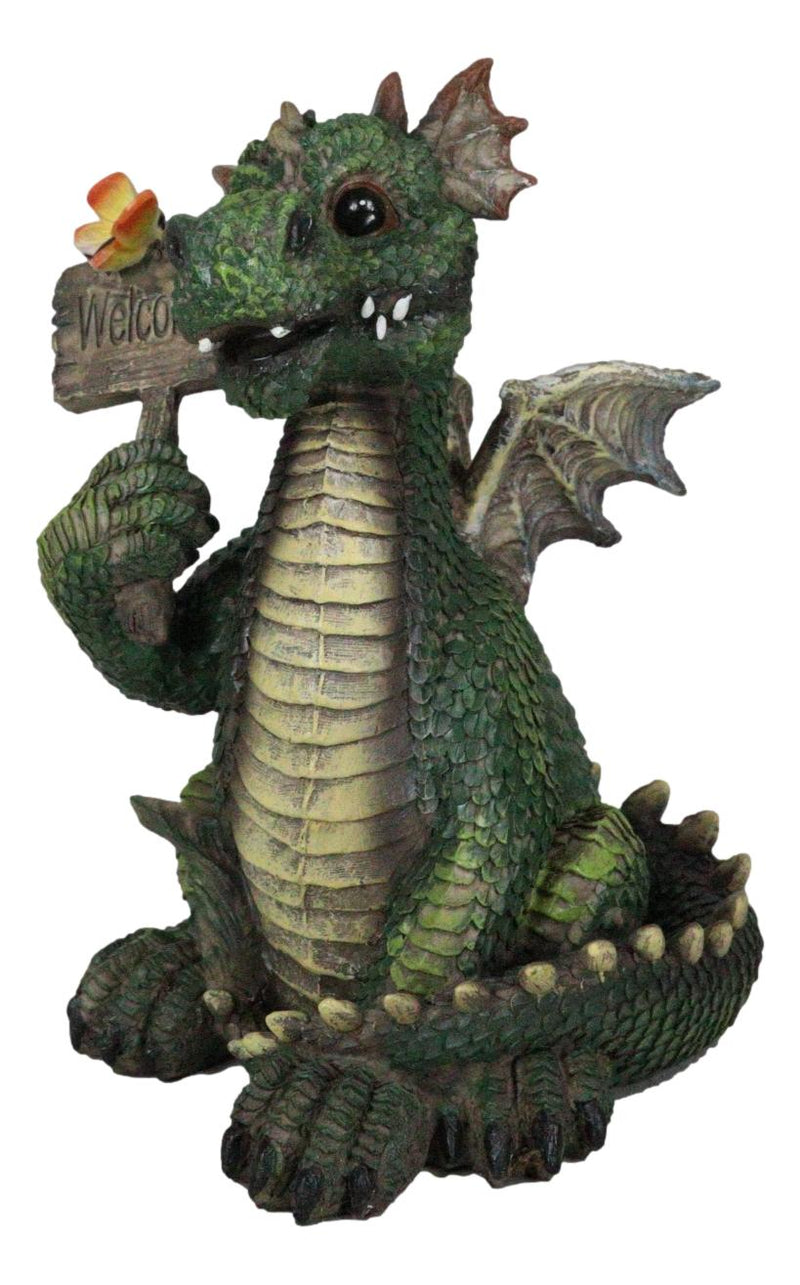 Whimsical Green Garden Dragon With Butterfly With Welcome Plank Sign Figurine