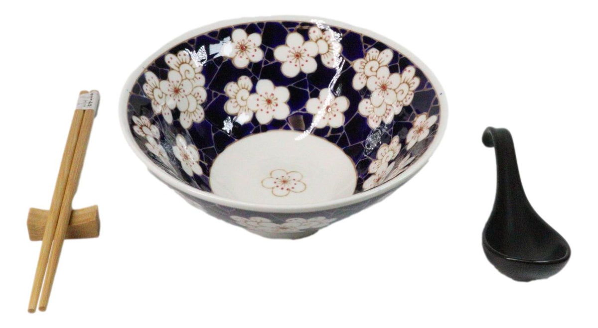 White Ume Plum Flowers Ceramic Ramen Bowl Soup Spoon Chopsticks And Rest Set