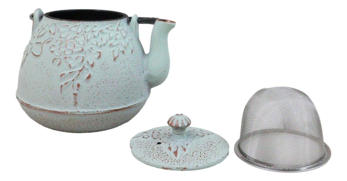 Rustic Mint Green Leaves Design Cast Iron Tetsubin Teapot With Enamel Liner 32oz