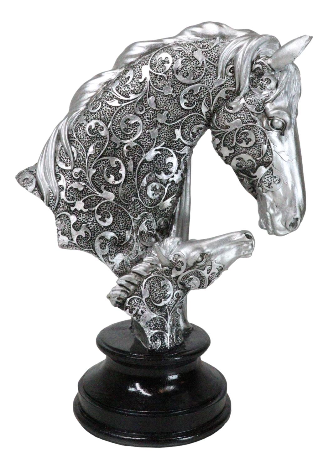 Silver Equine Mother Horse And Foal With Tooled Floral Vines Filigree Figurine