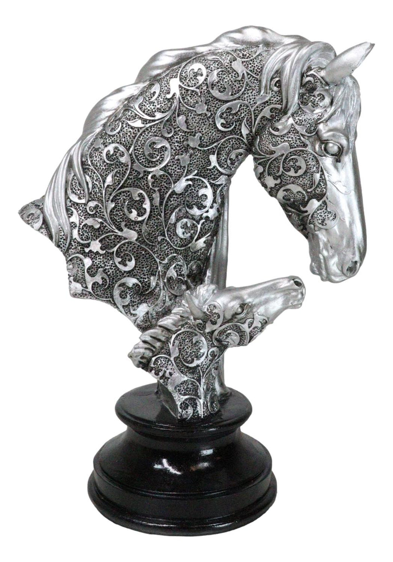 Silver Equine Mother Horse And Foal With Tooled Floral Vines Filigree Figurine