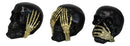 Set Of 3 Gothic Black See Hear Speak No Evil Skulls Gold Bone Hands Figurines