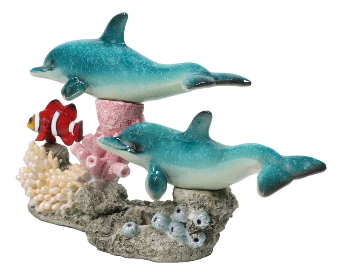 Ocean Blue Dolphins Clownfish Swimming By Coral Reef and Sea Anemone Figurine