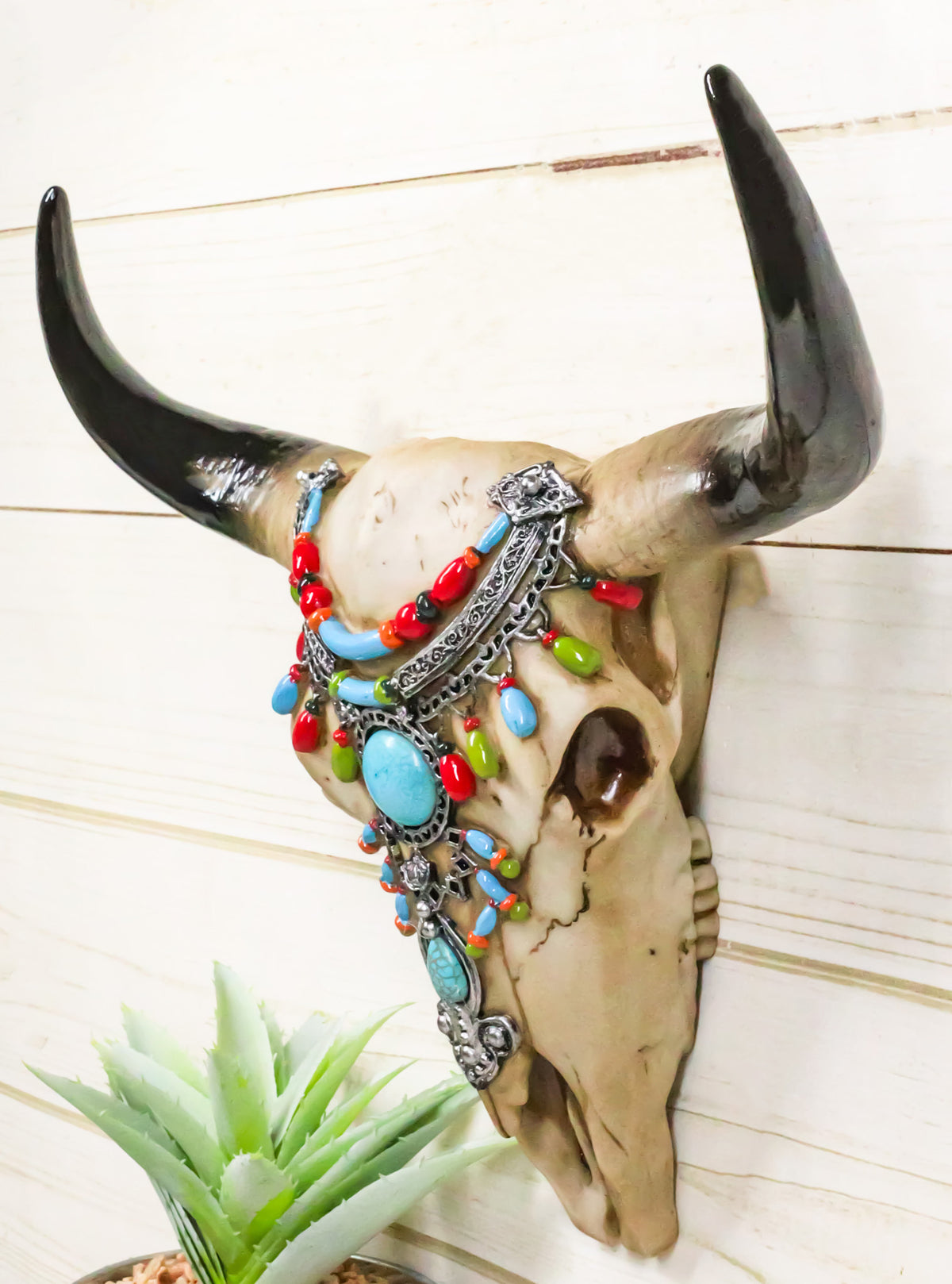 Southwestern Buffalo Cow Skull With Turquoise Silver Face Jewelry Wall Decor