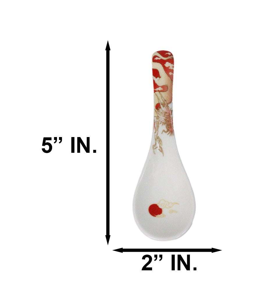 Set of 6 Red Ryu Dragon Porcelain Asian Soup Spoons Japanese Ramen Pho Wonton