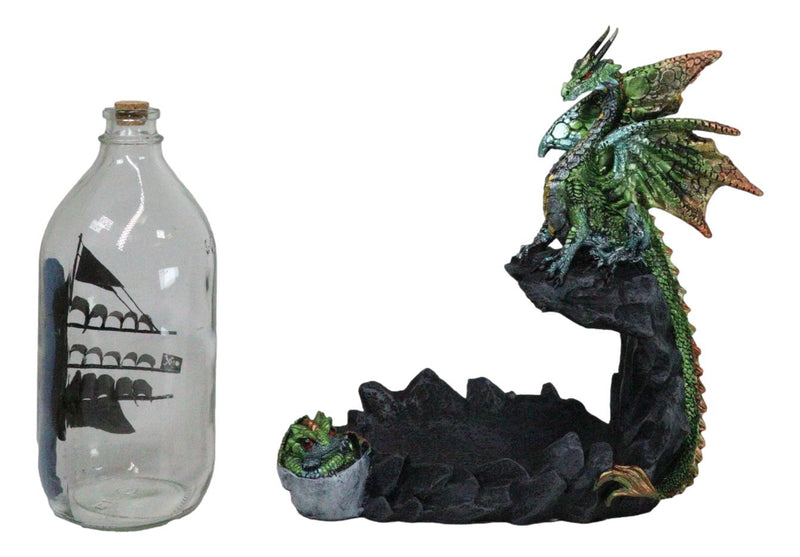 Green And Gold Dragon On Rock Cliff With Pirate Ship in Glass Bottle Figurine