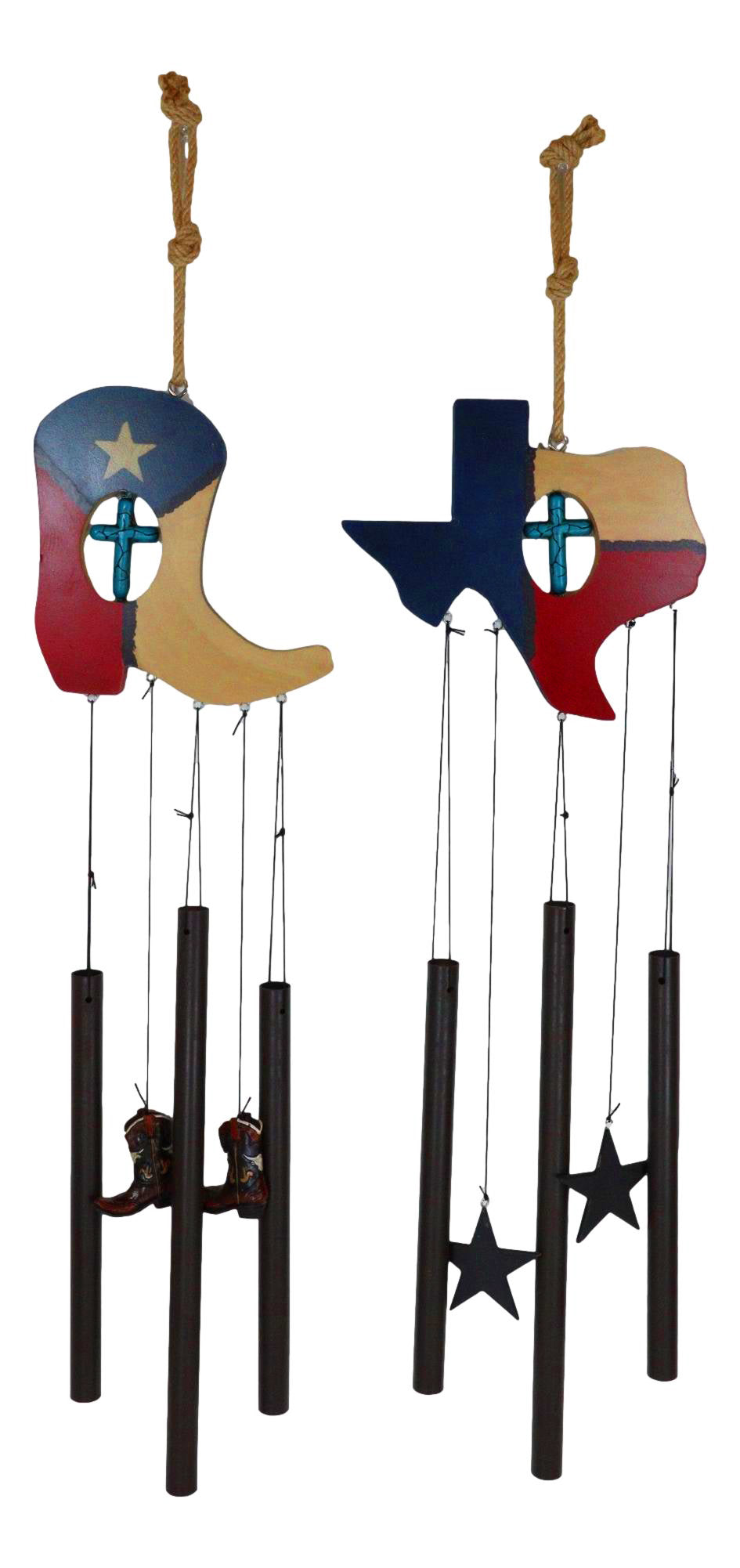 Pack of 2 Western Star Texas State Flag Cowboy Boot Turquoise Cross Wind Chimes - Ebros Gift