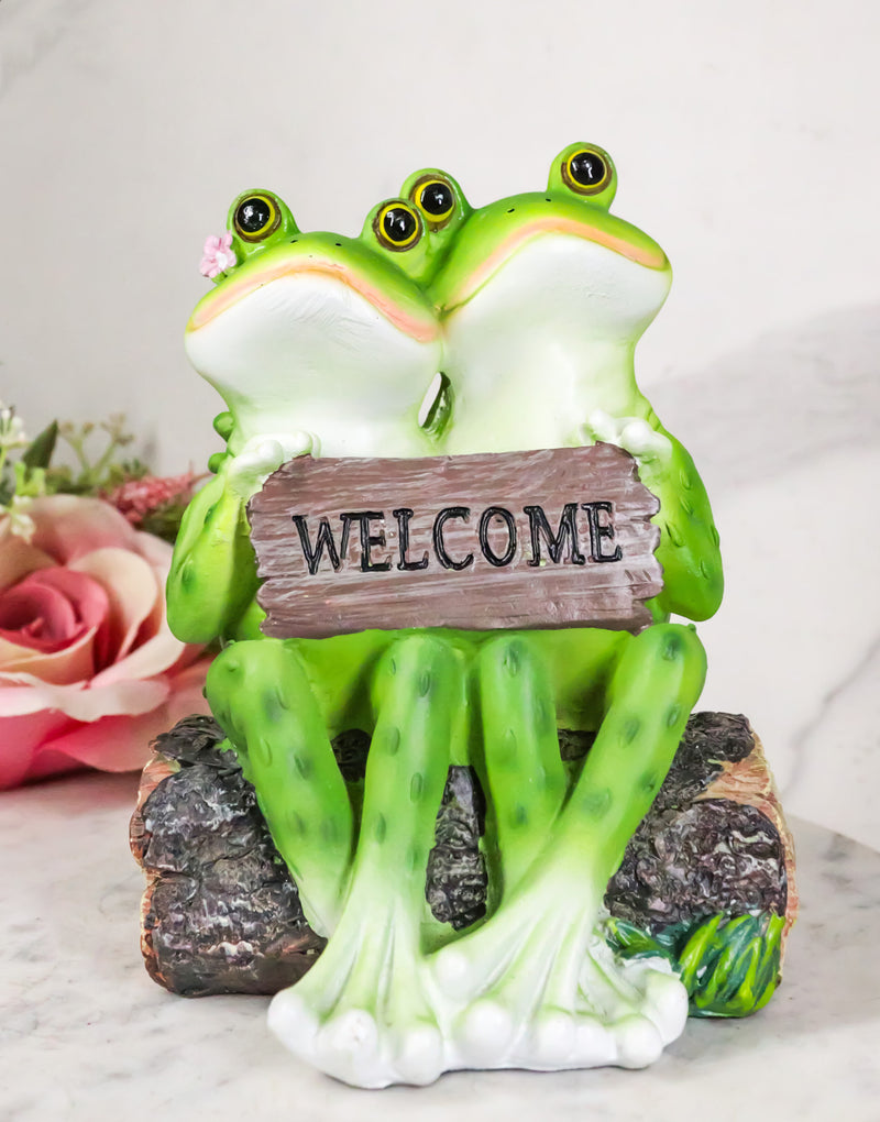 Romantic Frog Couple Sitting On Log Bench Holding Welcome Plank Sign Figurine