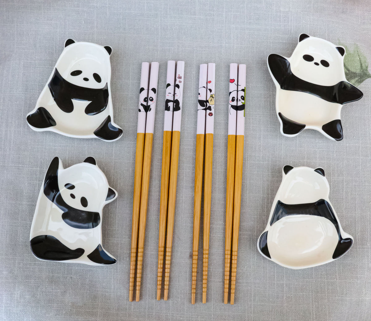 Happy Panda Bears Ceramic Sauce Dishes Chopsticks And Rests Sushi Set For 2