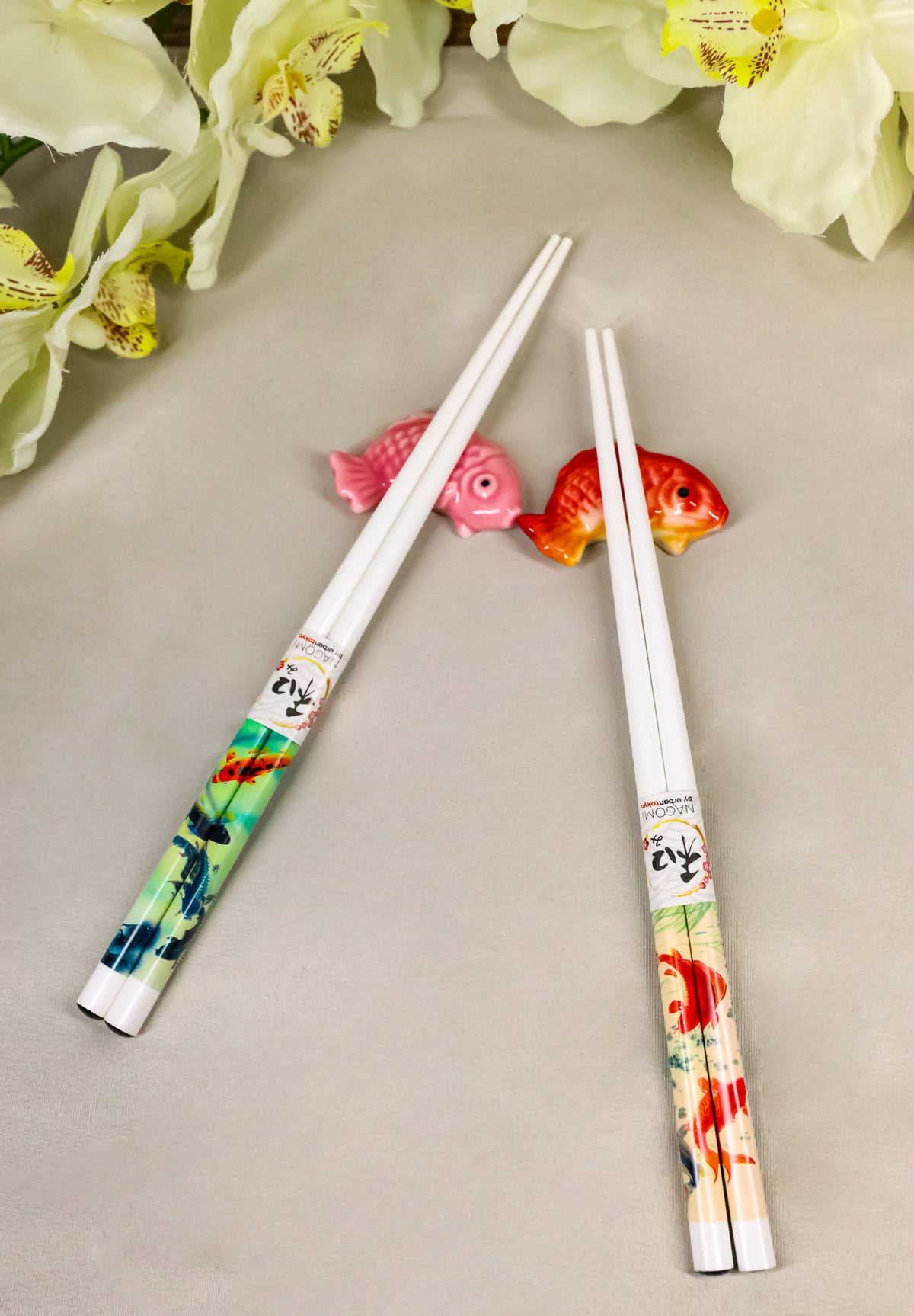 Red And Pink Auspicious Koi Fishes Set of 2 Chopsticks And Ceramic Rests Set