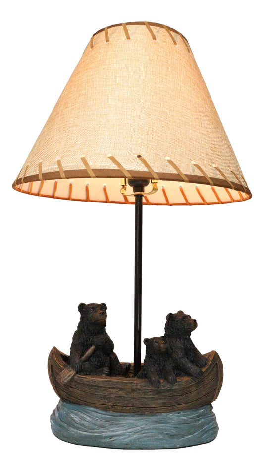 Rustic Woody Forest River Run Black Bears With Cub Rowing Canoe Boat Table Lamp