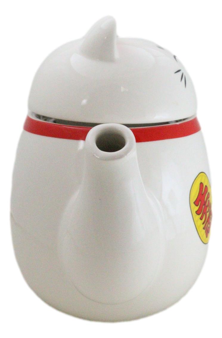 Japanese Maneki Neko Lucky Beckoning Cat Ceramic Tea Pot With Metal Strainer - Ebros Gift