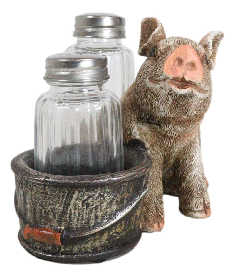 Rustic Barn Porky Pig With Farm Bucket Salt Pepper Shakers Holder Figurine