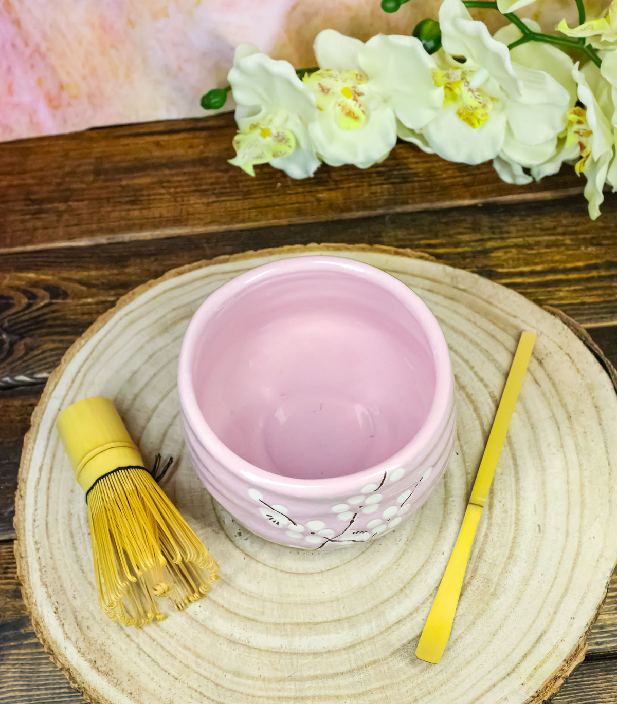 Pink Sakura Blossoms Ceramic Japanese Matcha Green Tea Bowl Whisk & Scoop Set