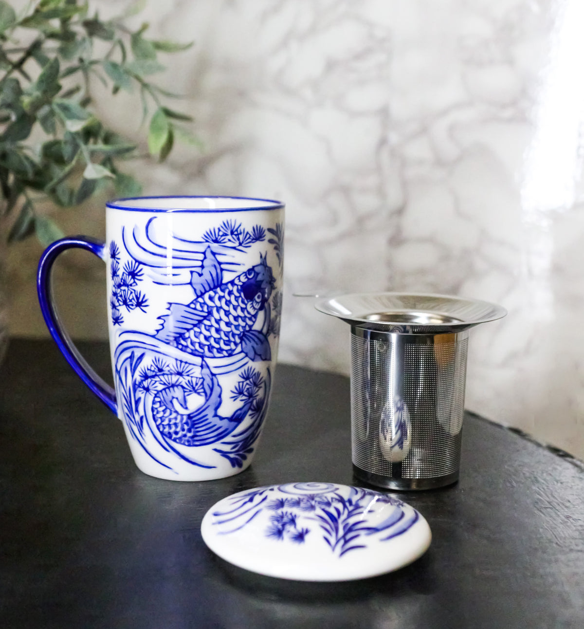 Blue Koi Fish In Water 15oz Porcelain Tea Mug With Lid Stainless Steel Infuser