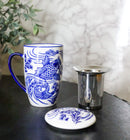 Blue Koi Fish In Water 15oz Porcelain Tea Mug With Lid Stainless Steel Infuser