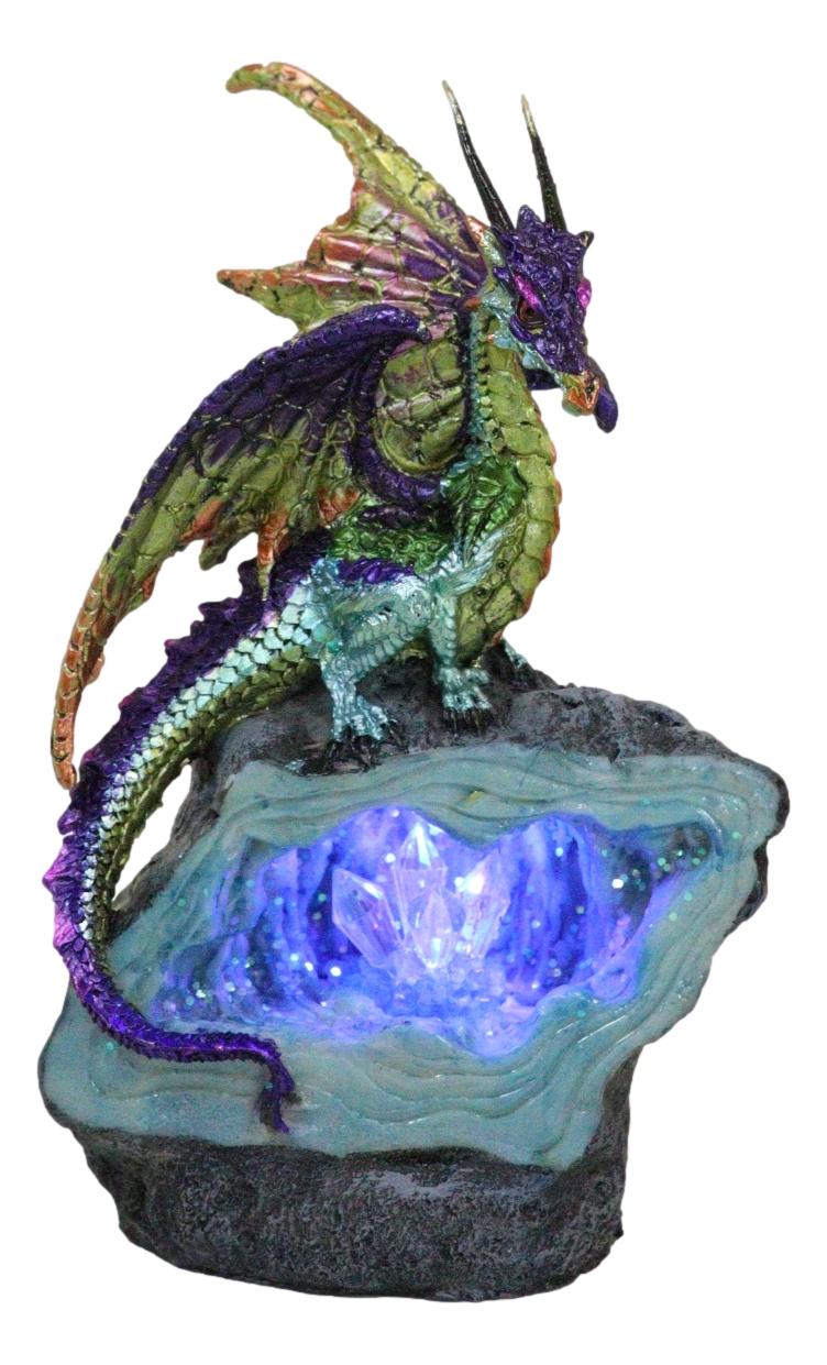 Green Purple and Gold Earth Dragon On LED Faux Geode Crystals Rock Figurine