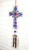 Blue Floral Aquamarine Cross With Gemstones Metal Scroll Filigree Wind Chime