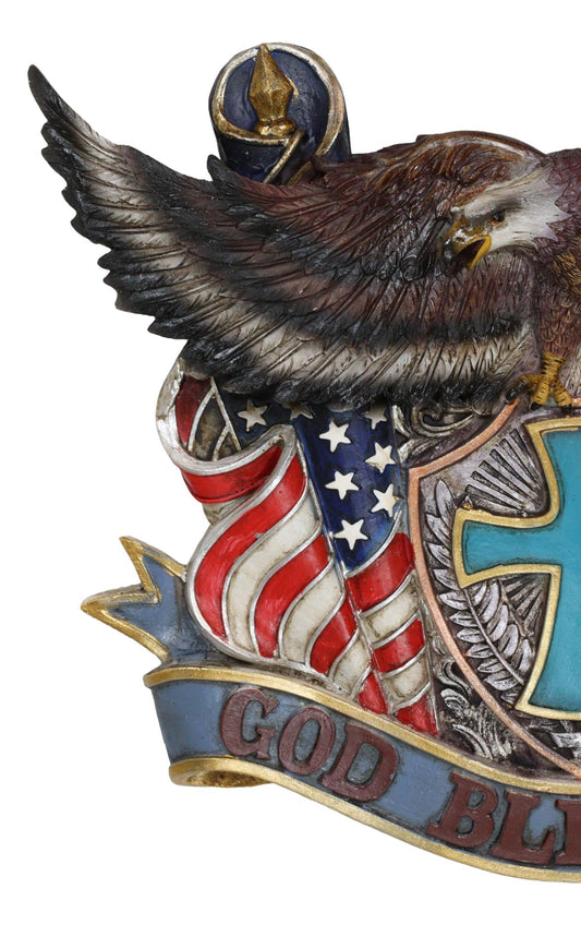 Patriotic Flags Bald Eagle On Cross Crest God Bless USA Wall Plaque Sculpture - Ebros Gift