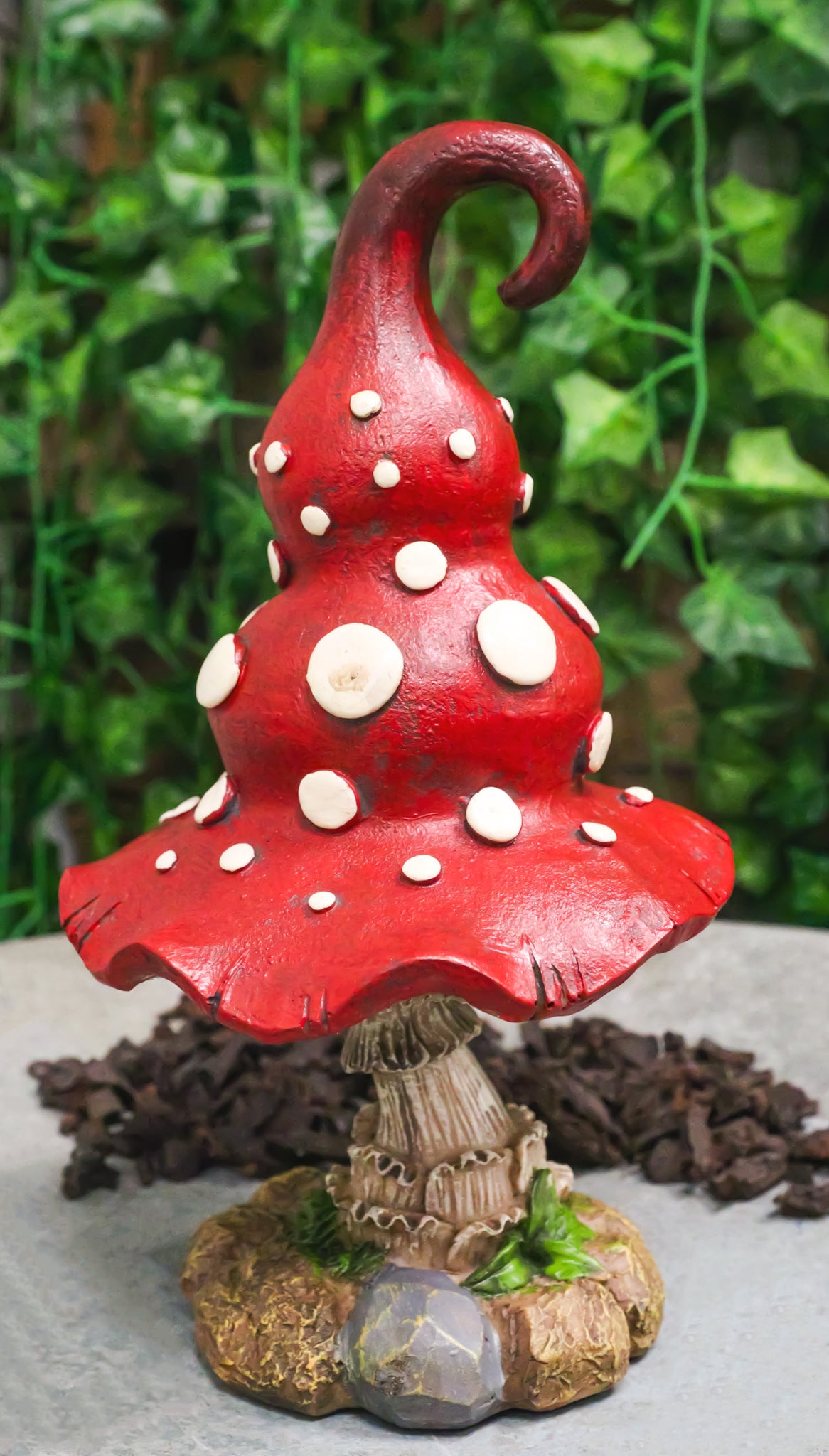 Enchanted Fairy Garden Red White Spotted Crooked Toadstool Mushroom Figurine 9"H