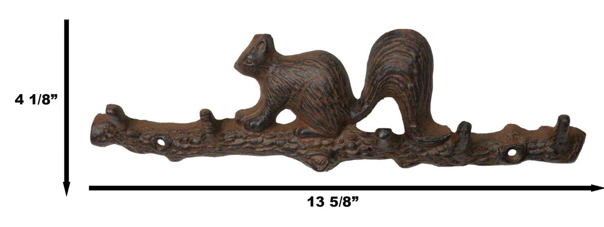 Rustic Cast Iron Playful Squirrel Perching On Tree Branch 4-Peg Wall Hooks Decor - Ebros Gift