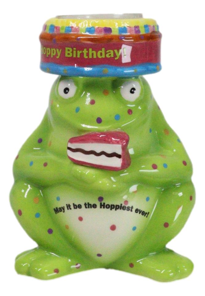 Whimsical Party Happy Birthday Green Frog Ceramic Tea Light Votive Candle Holder