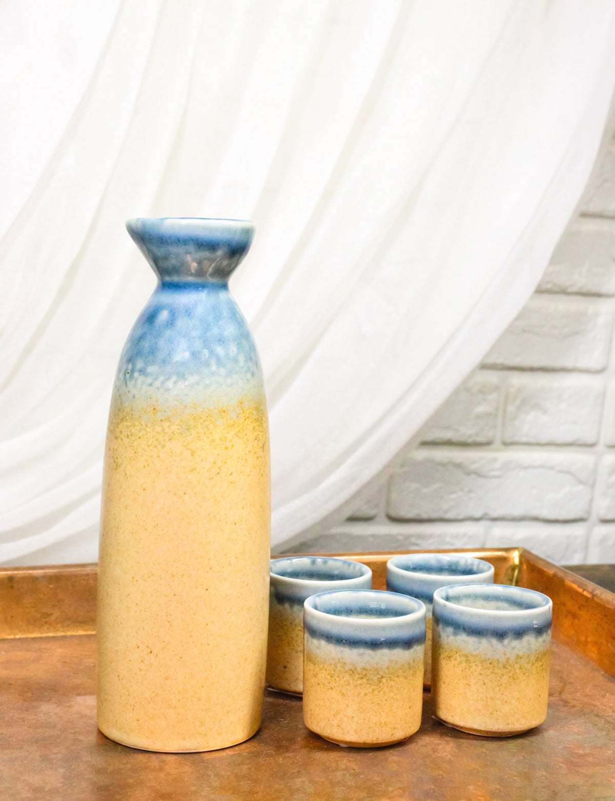 Blue Brown River Ao Nagashi Porcelain Sake Carafe Flask 9oz & 4 Ochoko Cups Set
