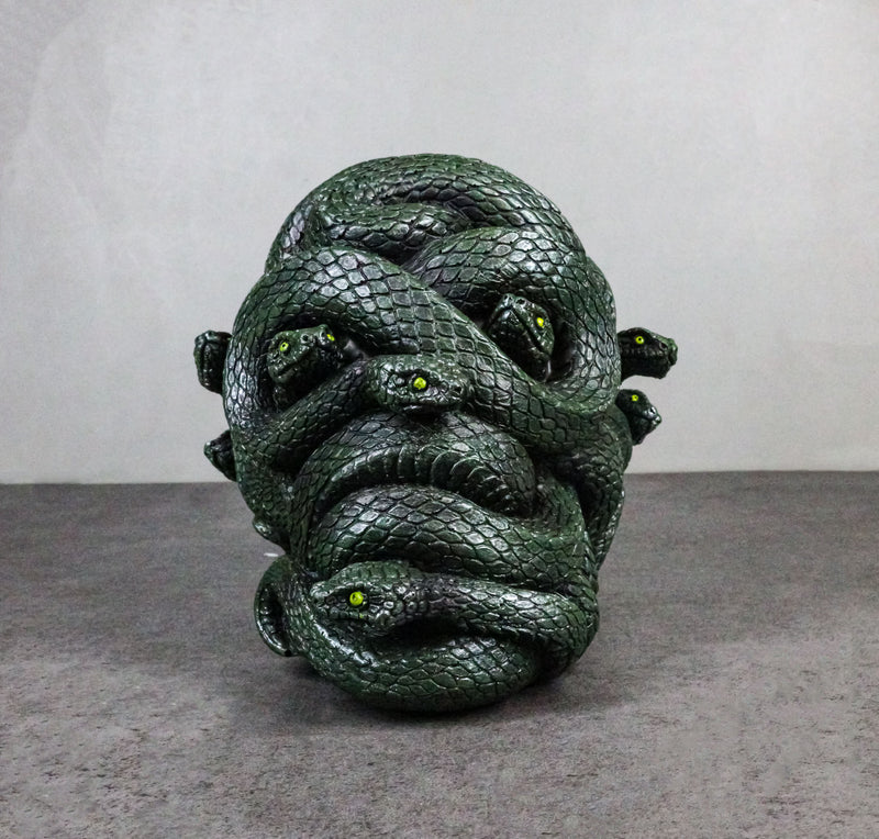 Aztec Quetzalcoatl Green Slithering Snake Serpents Cranium Skull Figurine