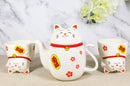Japanese Maneki Neko Lucky Beckoning Cat Ceramic Tea Pot And 2 Teacup Mugs Set