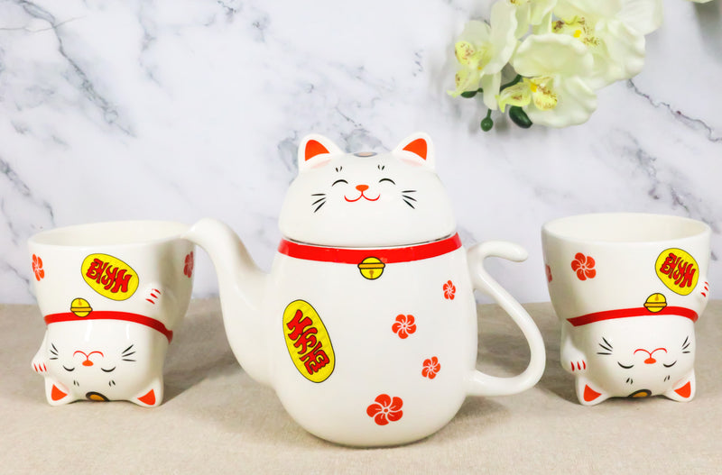Japanese Maneki Neko Lucky Beckoning Cat Ceramic Tea Pot And 2 Teacup Mugs Set