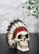 Gothic Native American Chief Skull Figurine with Tribal Feather Headdress 4.5"H