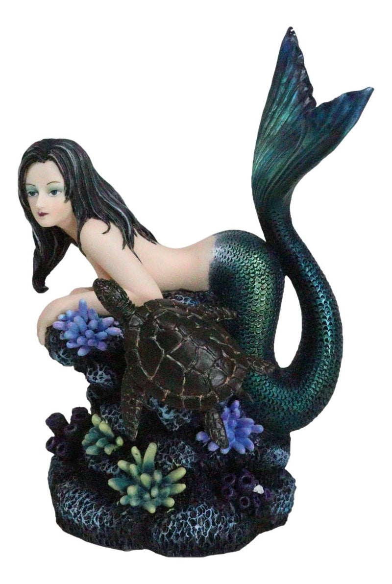 Siren Mermaid With Iridescent Tail And Turtle Companion By Coral Rocks Statue