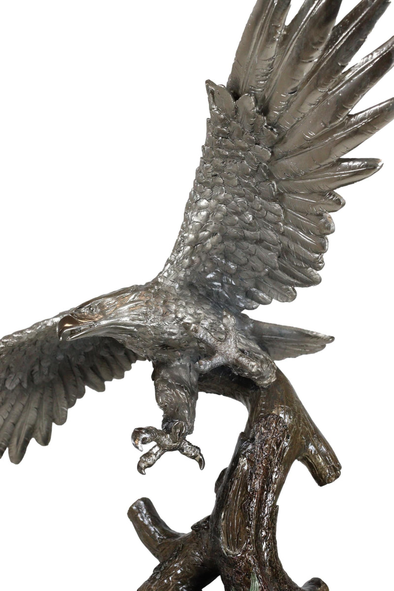 Electroplated Pewter Silver Bald Eagle With Open Wings Soaring Over Tree Statue