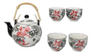 Red Black Koi Fish Porcelain 30oz Teapot With Bamboo Handle And 4 Tea Cups Set