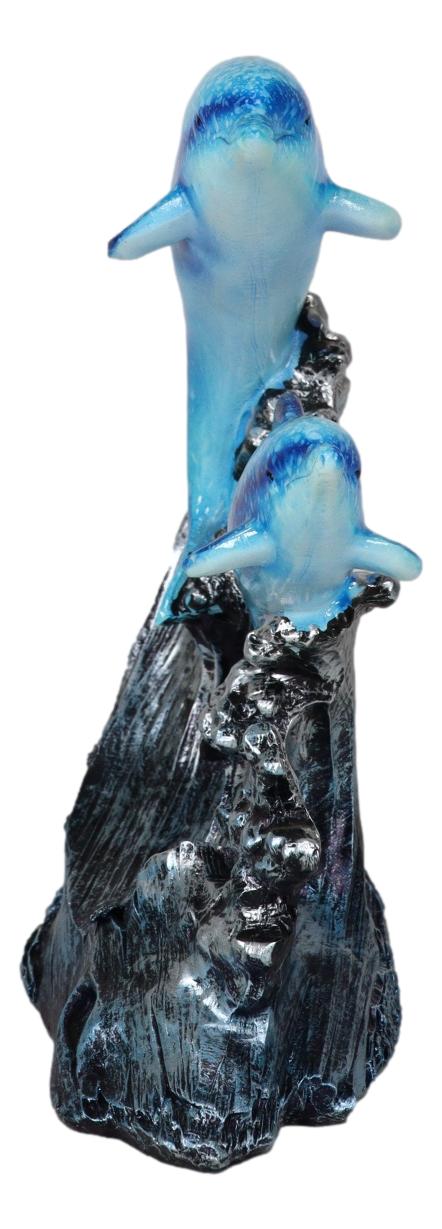 Nautical Marine Sea Ocean 2 Blue Dolphins Swimming Over Reef Waves Figurine - Ebros Gift