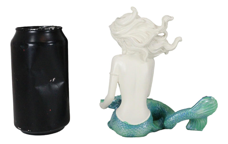 Nautical Aqua Capiz Blue Tailed Mermaid Holding Pearl In Clam Shell Figurine