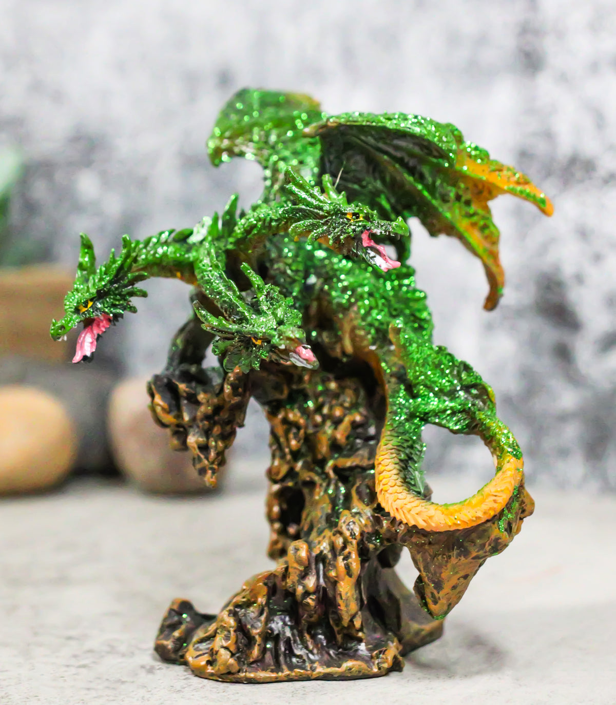 Fantasy Three Headed Green Dragon Hydra Perching On Ancient Tree Figurine 5"H
