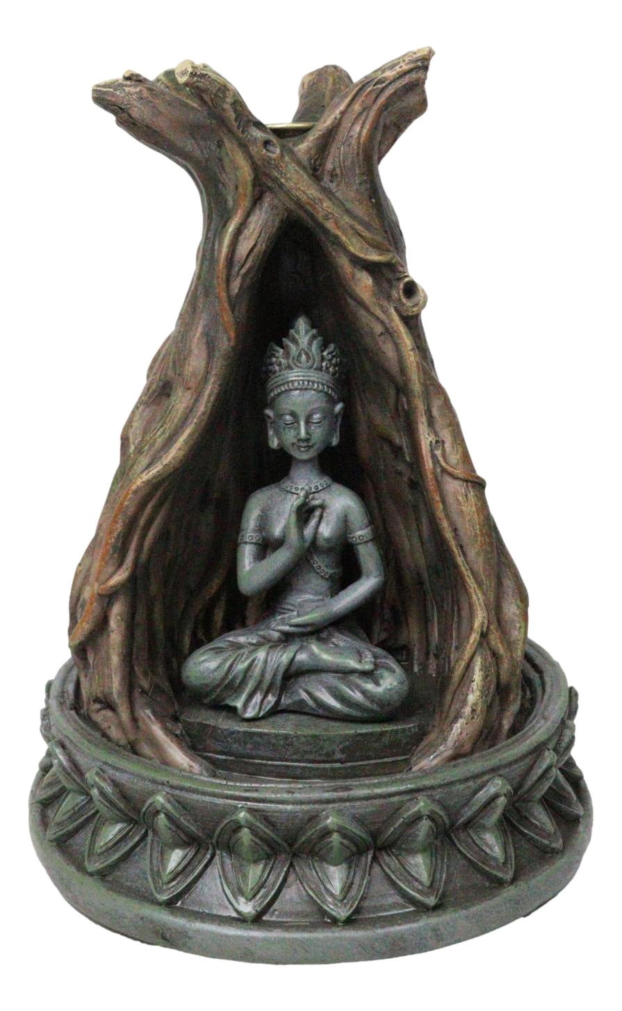 Amitabha Buddha Meditating Inside Tree Trunk Backflow Incense Burner Figurine