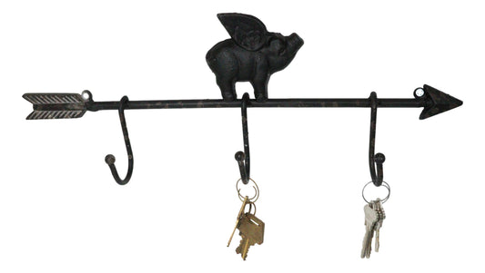 Cast Iron Rustic Farmhouse When Pigs Fly Angel Pig With Arrow 3-Peg Wall Hooks