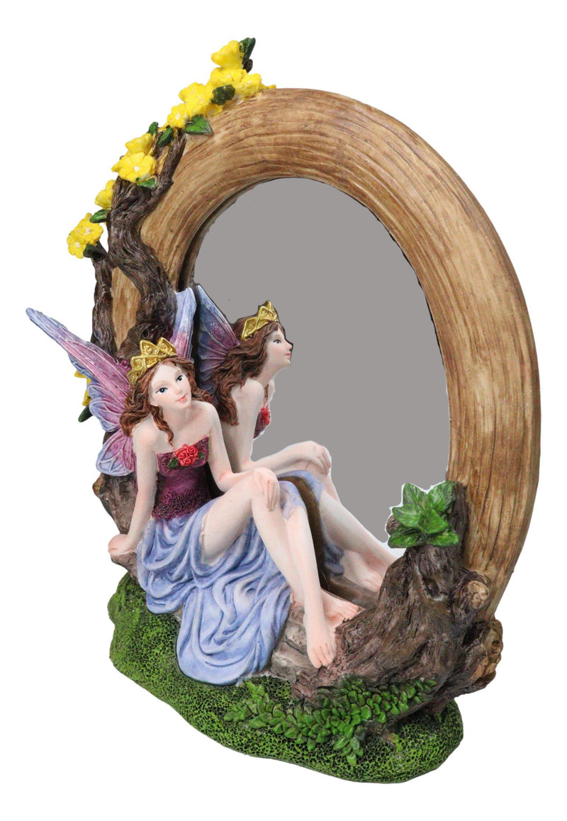 Beautiful Crowned Fairy Daydreaming in The Forest Table Desktop Mirror Figurine