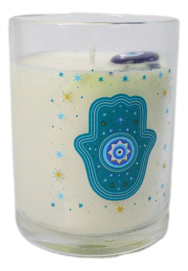 Ebros Wicca Hand of Hamsa Watchful Eye White Rose Scented Crystals Jar Candle