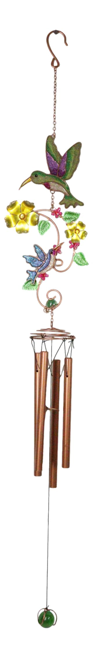 Hummingbirds Hovering Over Nectar Flowers Art Glass Gemstones Metal Wind Chime