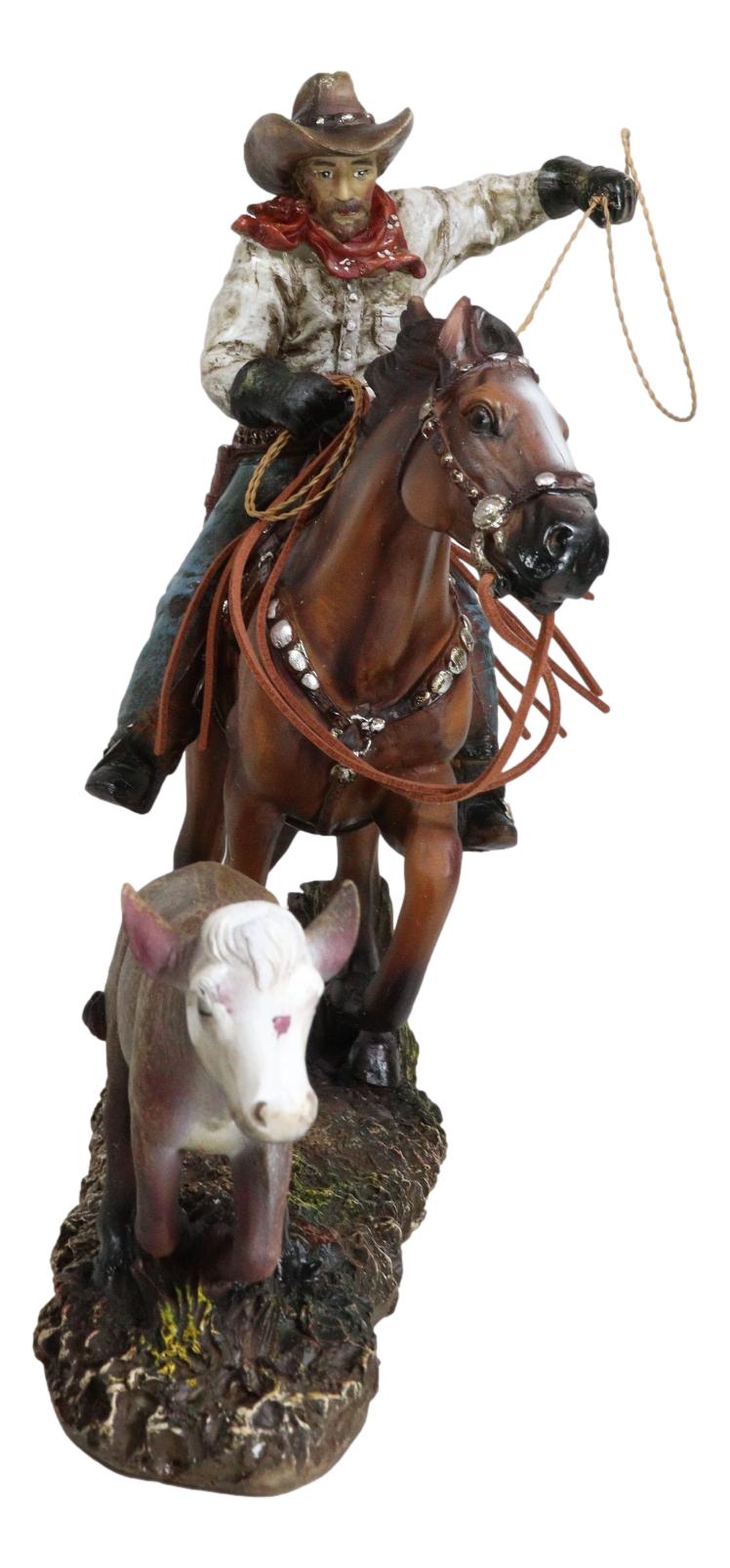 Rustic Western Cowboy Riding On Horse Rodeo Tie Down Roping A Calf Figurine