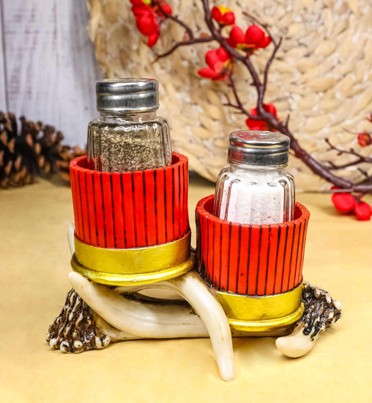 Western Entwined Stag Deer Antlers With Shotgun Bullets Salt Pepper Shakers Set