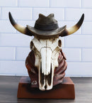 Western Cowboy Horned Cow Skull with Hat and Bandana Scarf Desktop Figurine